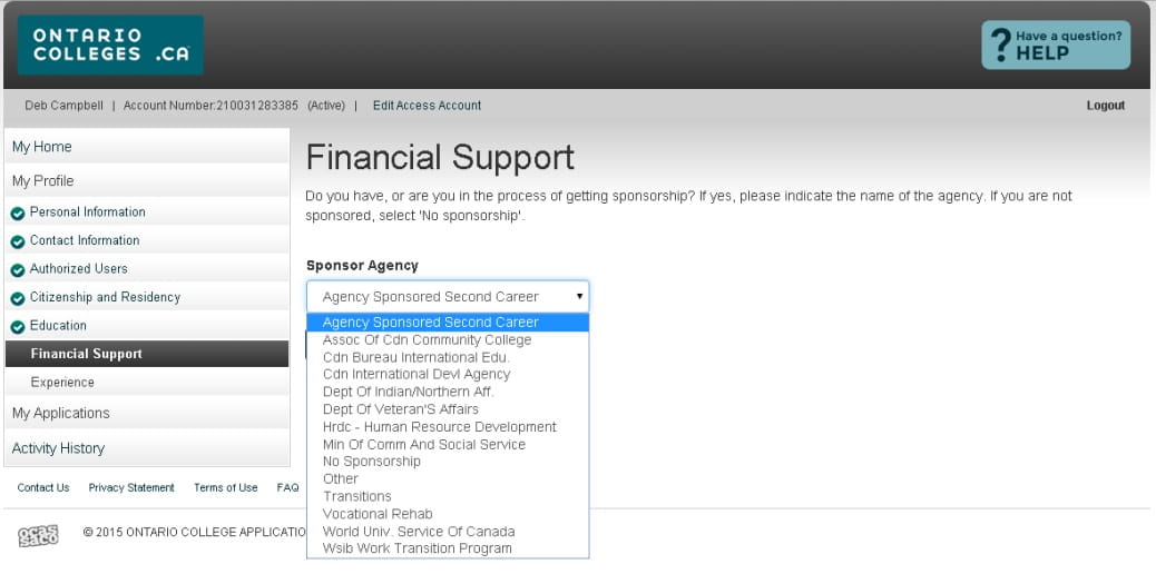 Screenshot of Financial Support page during application process through ontariocolleges.ca